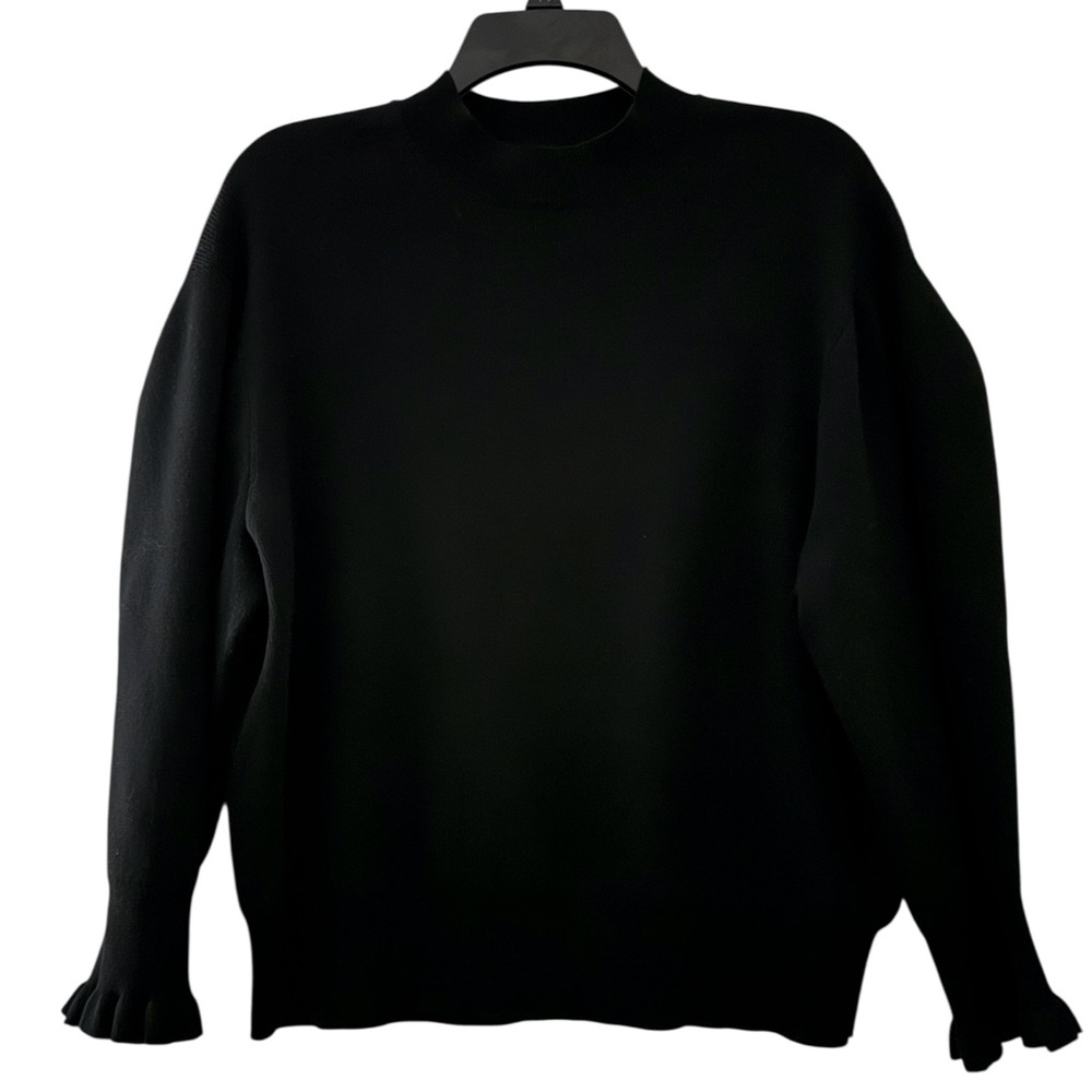 Madewell Women's XL Black Merino Wool Mock Neck‎ Sweater Ruffle Bottom Sleeve
